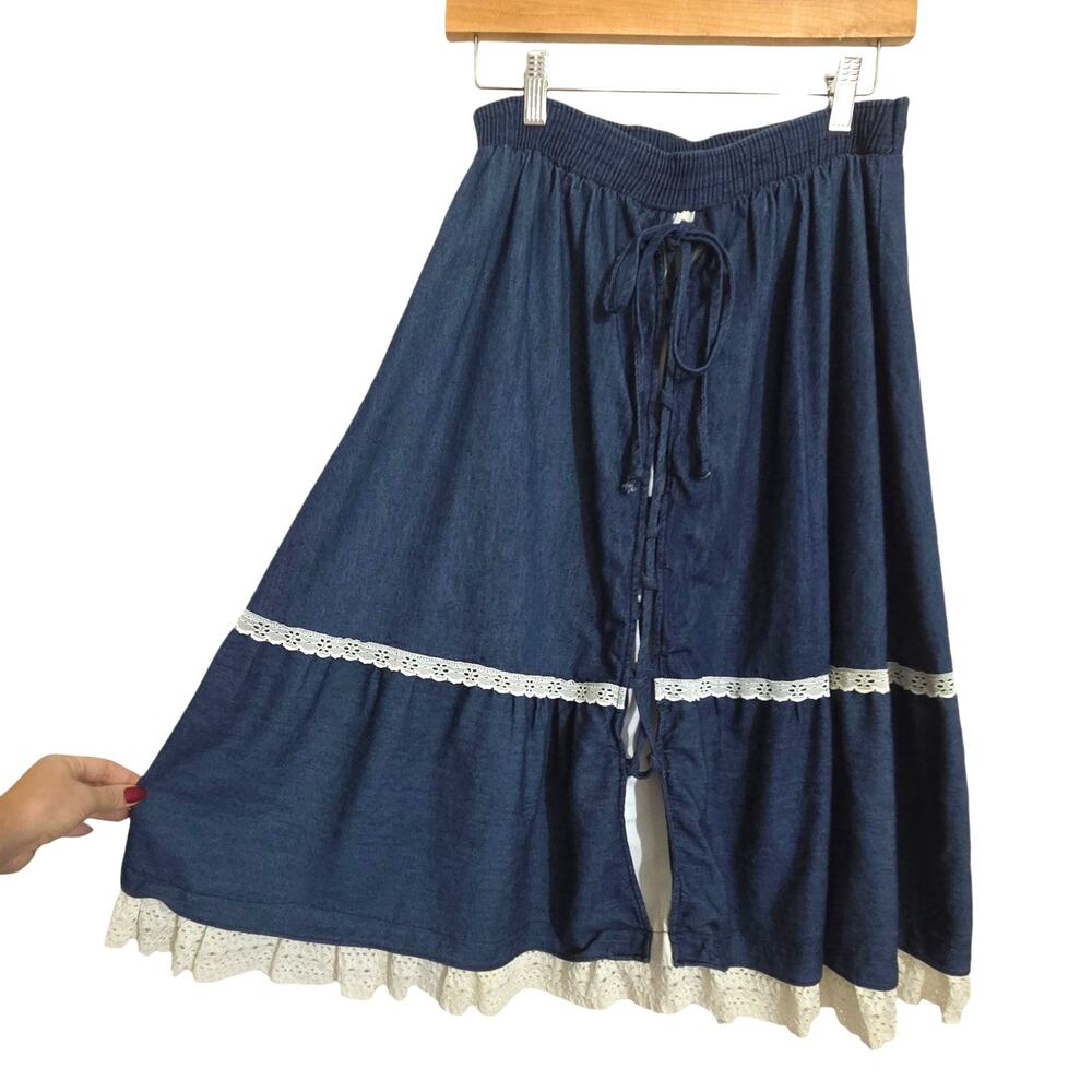 Handmade Corset Lace Trimmed Flowy Chambray Midi Skirt 27-30" Elastic Waist